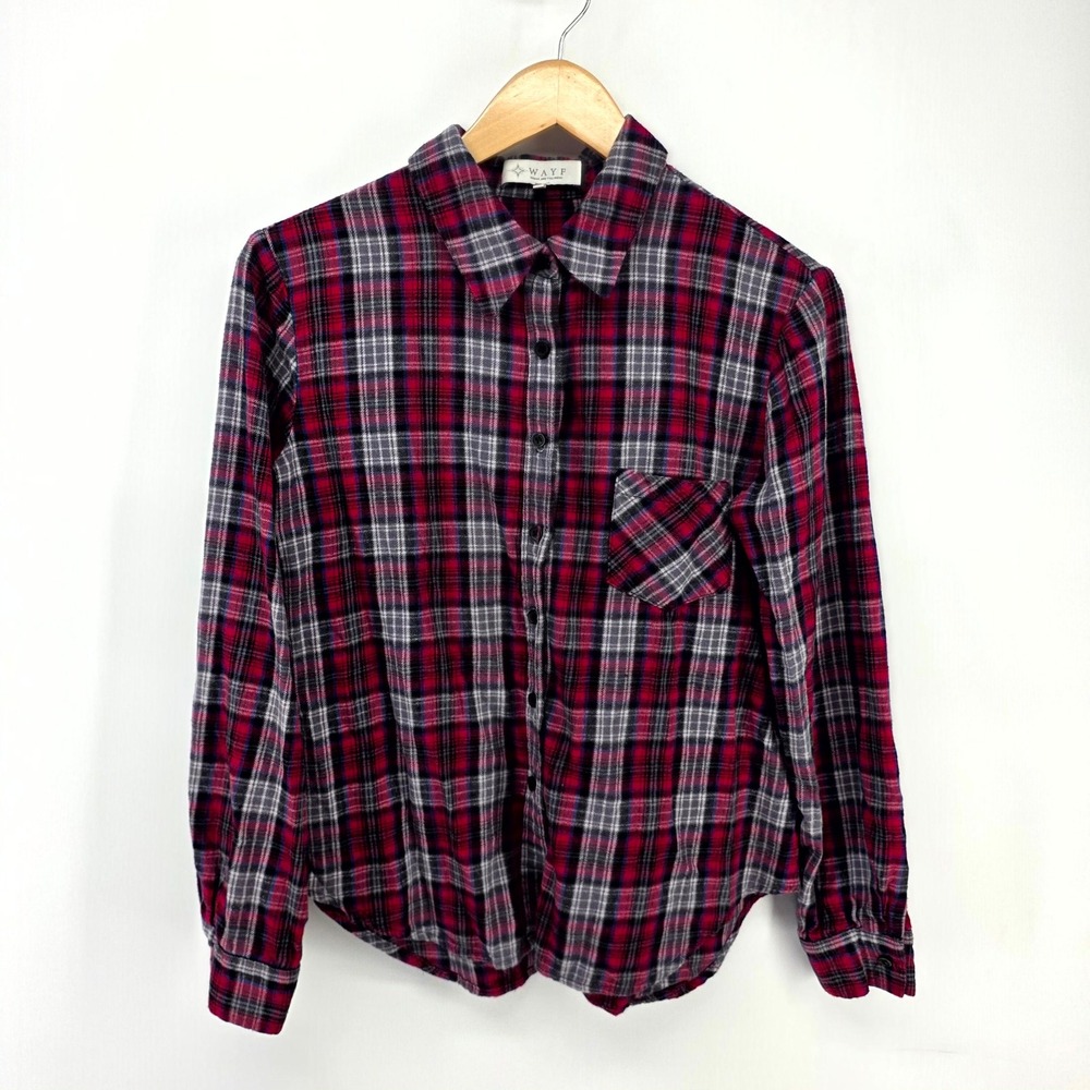 WAYF Plaid Button Down Women S Red Grey Long Sleeve Pocket Casual Flannel Top